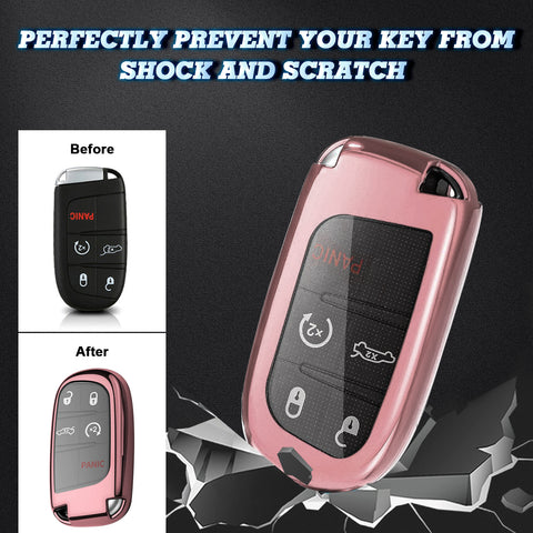 1x Glossy Rose Gold TPU SmartKey Remote Keyless FOB Case W/ Red Keychain For Jeep Dodge Chrysler