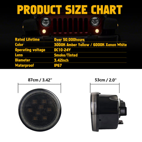 x xotic tech Smoked Lens Turn Signal Lights White Halo Ring DRL Amber LED Front Grill Indicator Parking Lights Lamp Assembly Replacement Compatible with Jeep Wrangler JK JKU 2007-2018