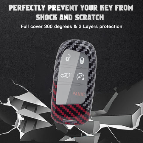 x xotic tech Glossy Black/Red Mix Color Carbon Fiber Texture Hard Plastic Key Fob Cover Case Compatible with Jeep Grand Cherokee Renegade Chrysler 200 300 Dodge RAM Durango Charger Challenger Journey
