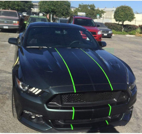 Glossy Black / Black Fluorescent Green Side Double-sided Vinyl Stripe Decal Sporty Sticker for Ford Mustang Hood Roof Rear Trunk