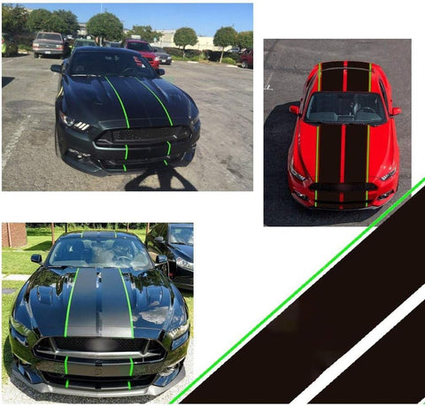 Glossy Black / Black Fluorescent Green Side Double-sided Vinyl Stripe Decal Sporty Sticker for Ford Mustang Hood Roof Rear Trunk