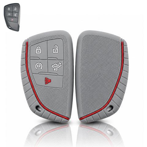 x xotic tech Silicone Smart Key Fob Cover Case Protector Gray w/Red Trim Fits Chevrolet Silverado 1500 2500HD 3500HD, Tahoe, Suburban & GMC Sierra, Yukon 5-Button Keyless Entry Remote Key Holder