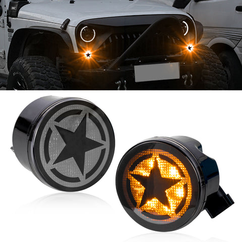 x xotic tech Smoked Lens Turn Signal Lights White Halo Ring DRL Amber LED Front Grill Indicator Parking Lights Lamp Assembly Replacement Compatible with Jeep Wrangler JK JKU 2007-2018