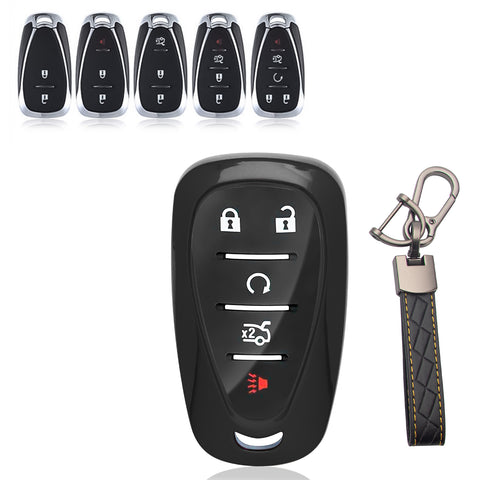 TPU Key Fob Shell Full Cover Case w/ Keychain, Compatible with Chevrolet Camaro Malibu Impala Cruze Volt Bolt Equinox Tahoe Traverse 3/4/5 Buttons Key