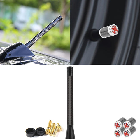 Set Union Jack Antenna w/Chrome Tire Valve Stem Caps Dust Cover For Mini Cooper