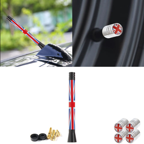 Set Union Jack Antenna w/Chrome Tire Valve Stem Caps Dust Cover For Mini Cooper