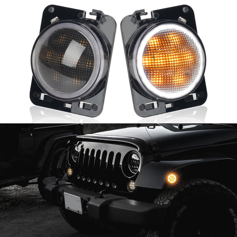 x xotic tech Smoked Lens Turn Signal Lights White Halo Ring DRL Amber LED Front Grill Indicator Parking Lights Lamp Assembly Replacement Compatible with Jeep Wrangler JK JKU 2007-2018