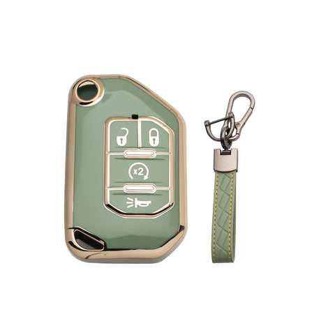 Green TPU Full Cover Folding Remote Key Fob Cover For Jeep Wrangler JLU 2018-22