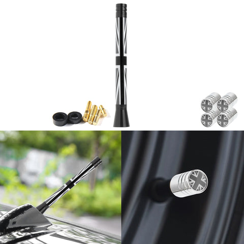 Set Union Jack Antenna w/Chrome Tire Valve Stem Caps Dust Cover For Mini Cooper