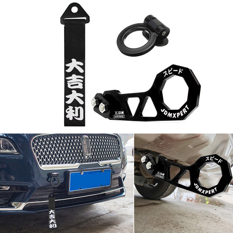 JDM Sports Tow Strap Racing Tow Strap with Chinese Slogan + Front Tow Hook Kit + Rear Tow Towing Hook Universal for Car (Good Luck & All The Best)