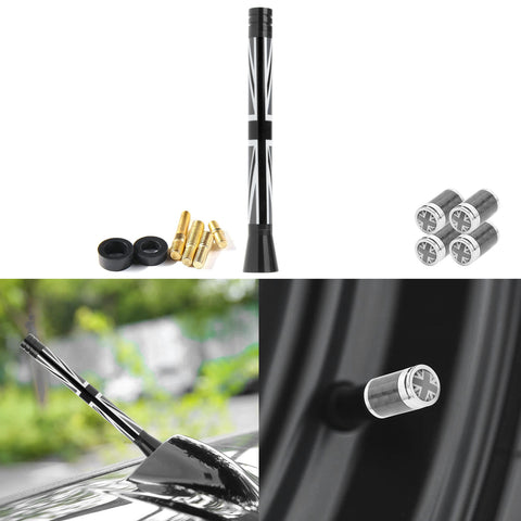 Set Union Jack Antenna w/Chrome Tire Valve Stem Caps Dust Cover For Mini Cooper