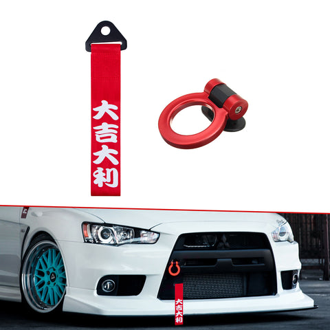 Sports Blue Racing Tow Strap Trailer Belt Personalized with Chinese Slogan + Front Tow Hook Kit Car Decoration Universal Fit (Good Luck & All The Best)