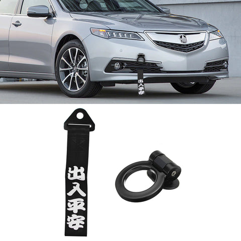 JDM Sports Racing Tow Strap Trailer Belt Personalized with Chinese Slogan + Tow Hook Kit Car Decoration Accessories Universal Fit Rear Front Bumper (Safe Trip Wherever You go)