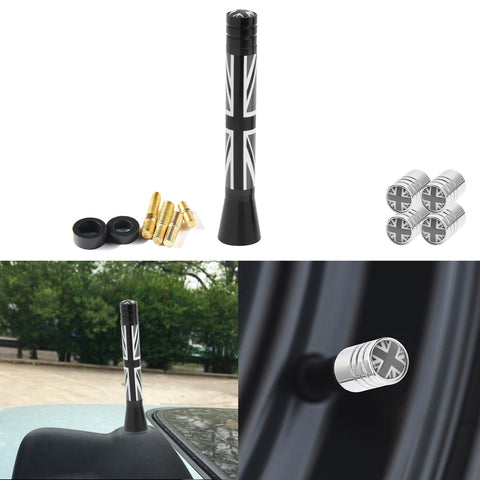 Set Union Jack Antenna w/Chrome Tire Valve Stem Caps Dust Cover For Mini Cooper