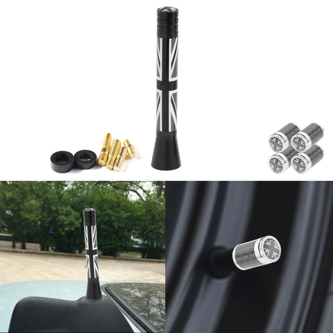 Set Union Jack Antenna w/Chrome Tire Valve Stem Caps Dust Cover For Mini Cooper