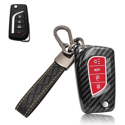 Carbon Fiber Remote Key Fob Shell Case Holder For Toyota RAV4 Corolla w/Keychain
