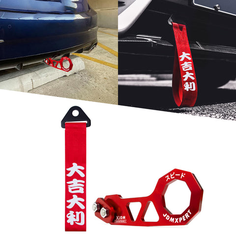 Sports Racing Tow Strap Trailer Belt Personalized with Chinese Slogan + Rear Tow Hook Universal Fit for Car (Good Luck & All The Best)
