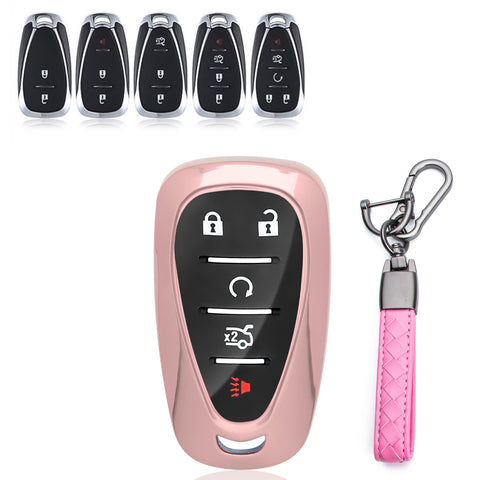 TPU Key Fob Shell Full Cover Case w/ Keychain, Compatible with Chevrolet Camaro Malibu Impala Cruze Volt Bolt Equinox Tahoe Traverse 3/4/5 Buttons Key