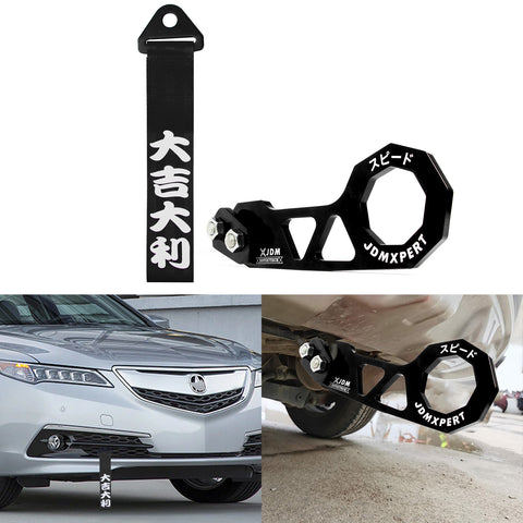 Sports Racing Tow Strap Trailer Belt Personalized with Chinese Slogan + Rear Tow Hook Universal Fit for Car (Good Luck & All The Best)