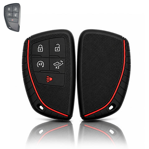 x xotic tech Silicone Smart Key Fob Cover Case Protector Gray w/Red Trim Fits Chevrolet Silverado 1500 2500HD 3500HD, Tahoe, Suburban & GMC Sierra, Yukon 5-Button Keyless Entry Remote Key Holder