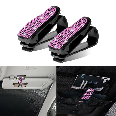 2PCS Universal Car Sun Visor Glasses Clip Rhinestone Sunglasses Cards Holder