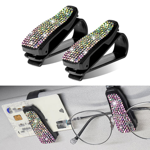 2PCS Universal Car Sun Visor Glasses Clip Rhinestone Sunglasses Cards Holder