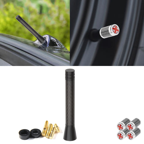 Set Union Jack Antenna w/Chrome Tire Valve Stem Caps Dust Cover For Mini Cooper