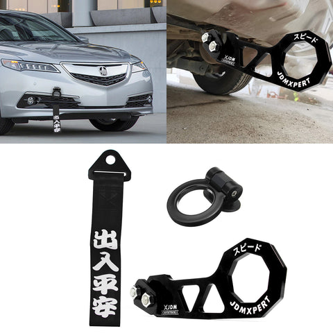 JDM Sports Tow Strap Racing Tow Strap Car Trailer Belt with Chinese Slogan + Front Tow Hook Kit Bumper Decoration + Rear Tow Towing Hook Universal for Car (Safe Trip Wherever You go,Blue)