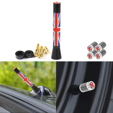 Set Union Jack Antenna w/Chrome Tire Valve Stem Caps Dust Cover For Mini Cooper