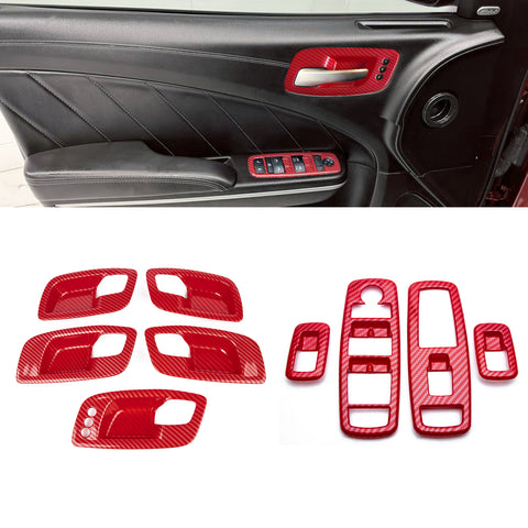 Carbon Fiber Style Door Handle Bowl Window Lift Switch Cover For Dodge Charger 2011-23