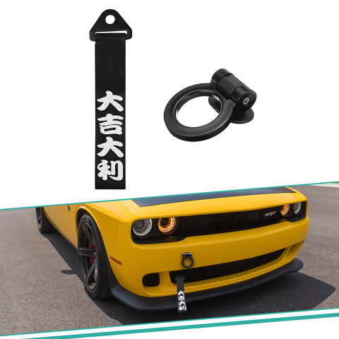 Sports Blue Racing Tow Strap Trailer Belt Personalized with Chinese Slogan + Front Tow Hook Kit Car Decoration Universal Fit (Good Luck & All The Best)