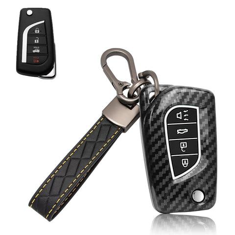 Carbon Fiber Remote Key Fob Shell Case Holder For Toyota RAV4 Corolla w/Keychain