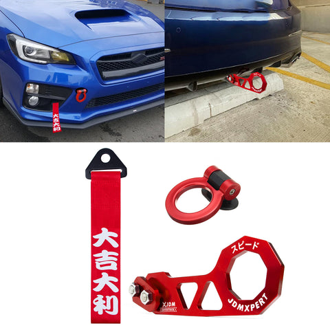 JDM Sports Tow Strap Racing Tow Strap with Chinese Slogan + Front Tow Hook Kit + Rear Tow Towing Hook Universal for Car (Good Luck & All The Best)