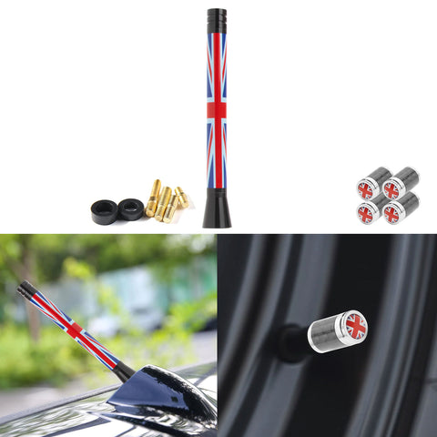 Set Union Jack Antenna w/Chrome Tire Valve Stem Caps Dust Cover For Mini Cooper