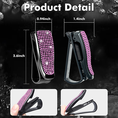 2PCS Universal Car Sun Visor Glasses Clip Rhinestone Sunglasses Cards Holder