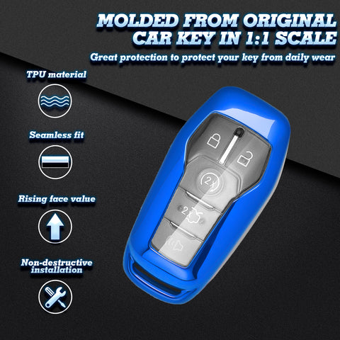 Blue Soft TPU Key Fob Shell Skin Cover w/Keychain, Compatible with Ford Fusion Mustang