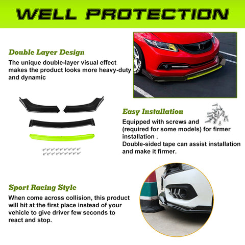 Xotic Tech Front Bumper Lip Chin Spoiler Splitter Diffuser Protector Body Kit Compatible with Honda Accord Civic or Volkswagen MK5 MK6 MK7 or Kia Optima or Mitsubishi Lancer, 4pcs