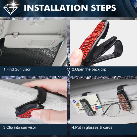 2PCS Universal Car Sun Visor Glasses Clip Rhinestone Sunglasses Cards Holder