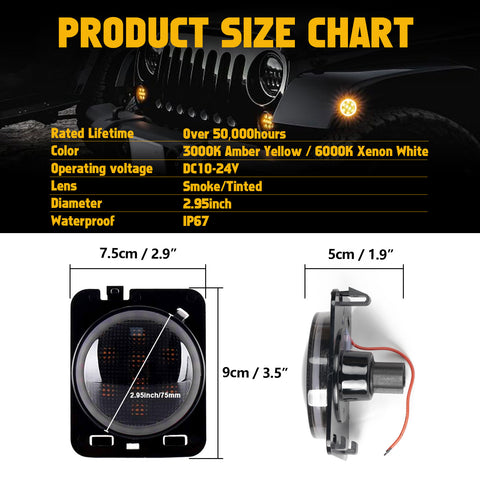 x xotic tech Smoked Lens Turn Signal Lights White Halo Ring DRL Amber LED Front Grill Indicator Parking Lights Lamp Assembly Replacement Compatible with Jeep Wrangler JK JKU 2007-2018
