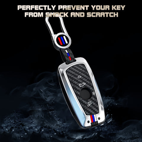 x xotic tech Key Fob Cover Case Compatible with BMW 1 3 4 5 6 7 Series X3 X5 X6 X7 M5 M6 GT3 GT5 Zinc Alloy Heavy Duty Shell Protector Holder Keychain with Carbon Fiber Pattern
