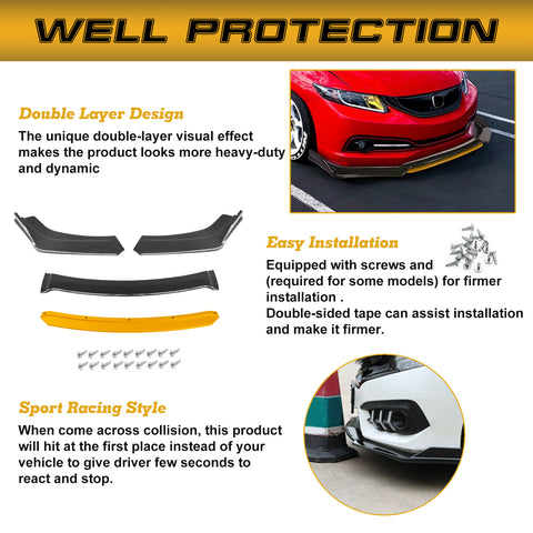 Xotic Tech Front Bumper Lip Chin Spoiler Splitter Diffuser Protector Body Kit Compatible with Honda Accord Civic or Volkswagen MK5 MK6 MK7 or Kia Optima or Mitsubishi Lancer, 4pcs