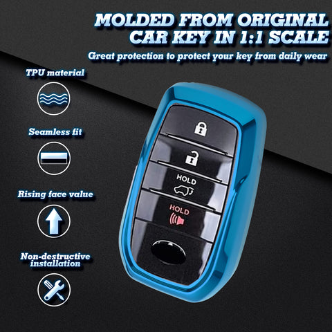 Soft TPU Key Fob Shell Full Cover Case w/Keychain, Compatible with Toyota Land Cruiser Sienna Venza Fortuner Rav4 Prime Smart Keyless Entry Key