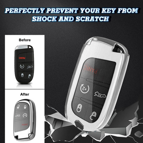 1x Glossy Silver TPU Keyless Remote FOB Shell Case W/ Black Keychain for Jeep Dodge Chrysler