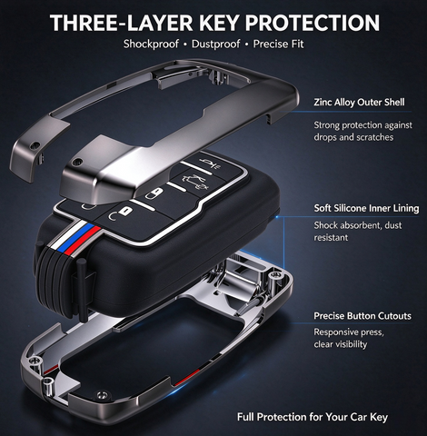 Gunmental Heavy Duty Remote Key Fob Cover Case w/Keychain for RAM 1500 2500 3500