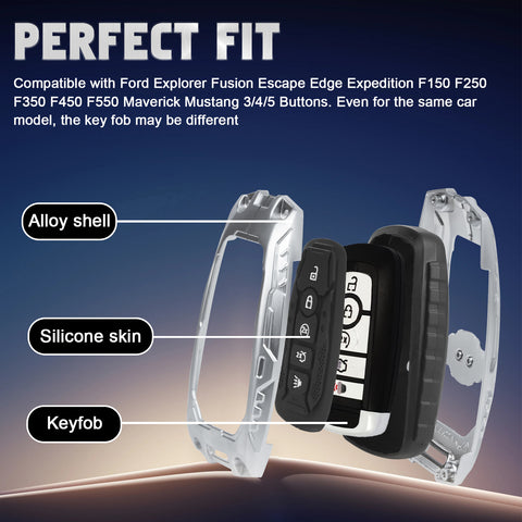 x xotic tech Heavy Key Fob Cover, Zinc Alloy Key Protective Case Keychain Compatible with Ford Explorer Fusion Escape Edge Expedition F150 F250 F350 F450 F550 Maverick Mustang Accessories 3/4/5 Buttons