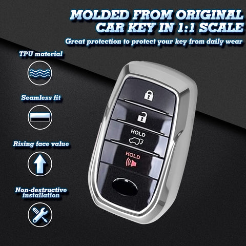 Soft TPU Key Fob Shell Full Cover Case w/Keychain, Compatible with Toyota Land Cruiser Sienna Venza Fortuner Rav4 Prime Smart Keyless Entry Key