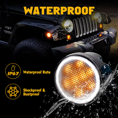 x xotic tech Smoked Lens Turn Signal Lights White Halo Ring DRL Amber LED Front Grill Indicator Parking Lights Lamp Assembly Replacement Compatible with Jeep Wrangler JK JKU 2007-2018