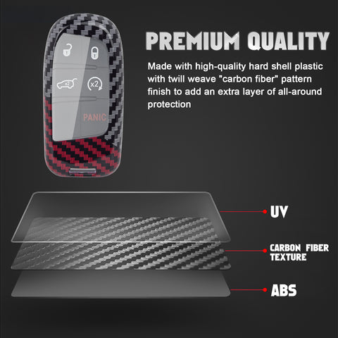 x xotic tech Glossy Black/Red Mix Color Carbon Fiber Texture Hard Plastic Key Fob Cover Case Compatible with Jeep Grand Cherokee Renegade Chrysler 200 300 Dodge RAM Durango Charger Challenger Journey