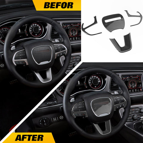 Gear Shift Knob + Steering Wheel Cover Trim, Carbon Fiber Pattern, Compatible with Dodge Challenger Charger 2015-2023