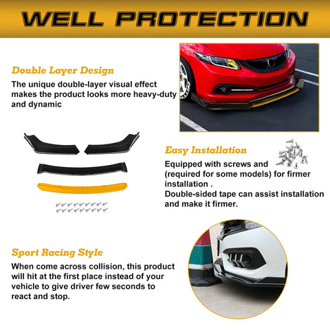 Xotic Tech Front Bumper Lip Chin Spoiler Splitter Diffuser Protector Body Kit Compatible with Honda Accord Civic or Volkswagen MK5 MK6 MK7 or Kia Optima or Mitsubishi Lancer, 4pcs
